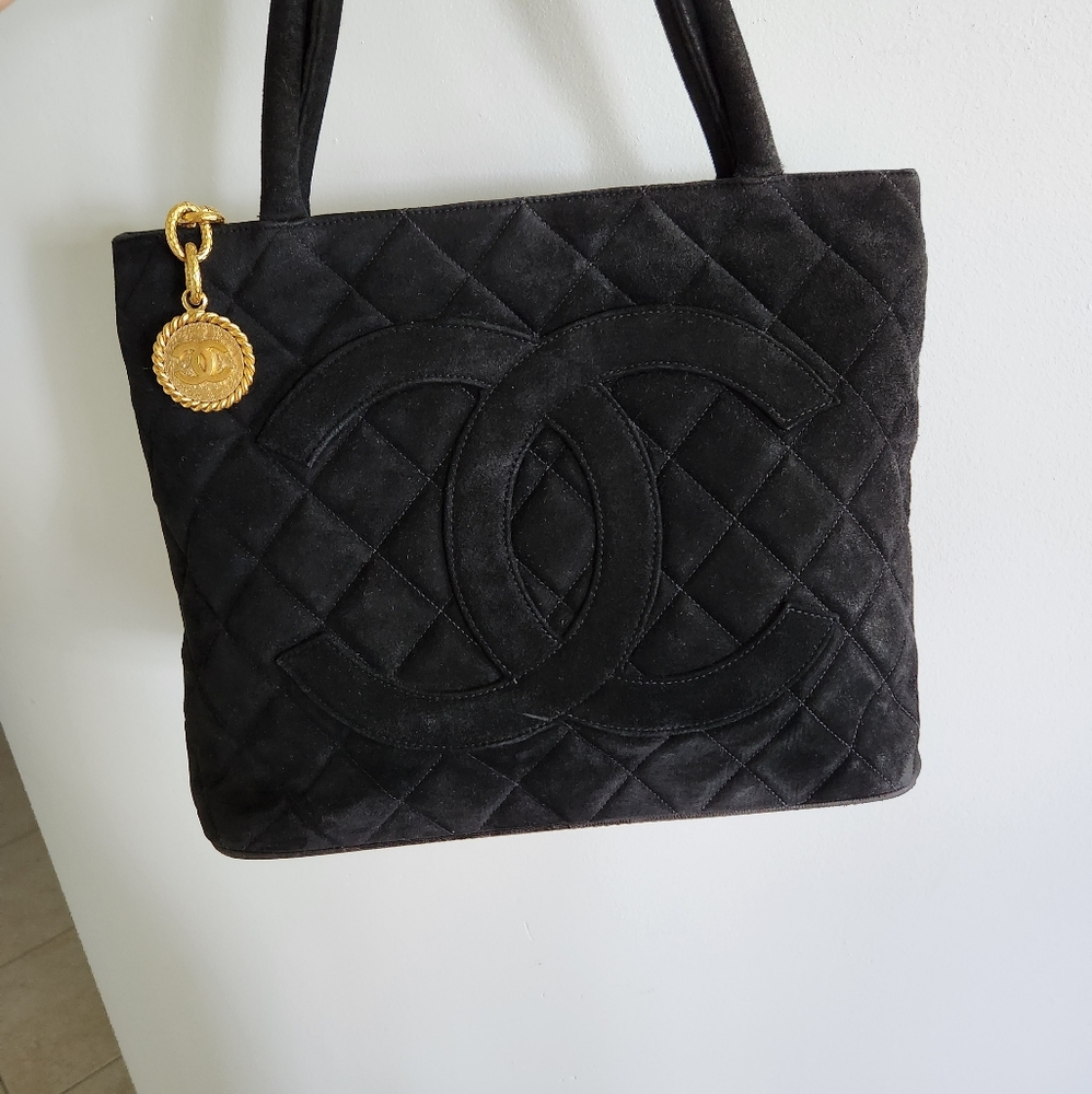 Chanel CC Medallion Quilted Suede Black Bag